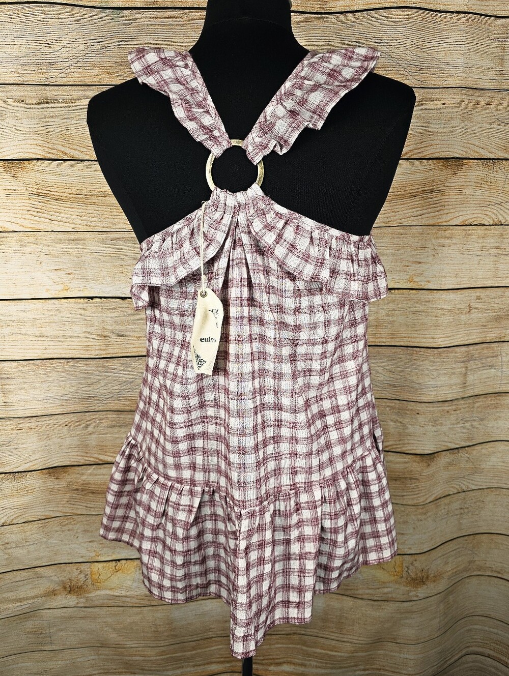 Entro NWT Gingham Plaid Ruffle Halter Top Shirt Size Medium - Picture 2 of 6